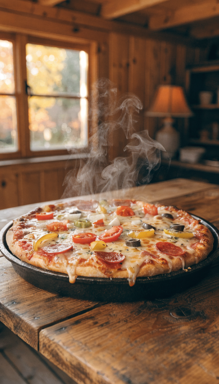 A rustic cast-iron skillet sitting on a wooden cabin table containing a freshly made pizza with melted cheese bubbling and stretching, topped with colorful ingredients like pepperoni, bell peppers, and herbs, golden-brown crispy crust visible around the edges, warm cabin interior visible softly blurred in the background with wood paneling and cozy lighting, steam rising from the hot pizza, professional food photography style with shallow depth of field and natural warm lighting
