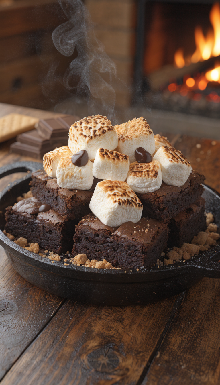 A rustic cast-iron skillet filled with rich chocolate brownies topped with perfectly toasted golden-brown marshmallows and melted chocolate pieces, sitting on a wooden cabin table near a fireplace. Graham cracker crumbs are sprinkled on top, with the marshmallows showing that characteristic golden caramelization and gooey texture. Warm, cozy cabin lighting creates a inviting atmosphere, with a few whole graham crackers and chocolate bars visible in the background. The dessert is photographed from a slight angle to show the layers and melted marshmallow texture, steam rising gently from the warm brownies.