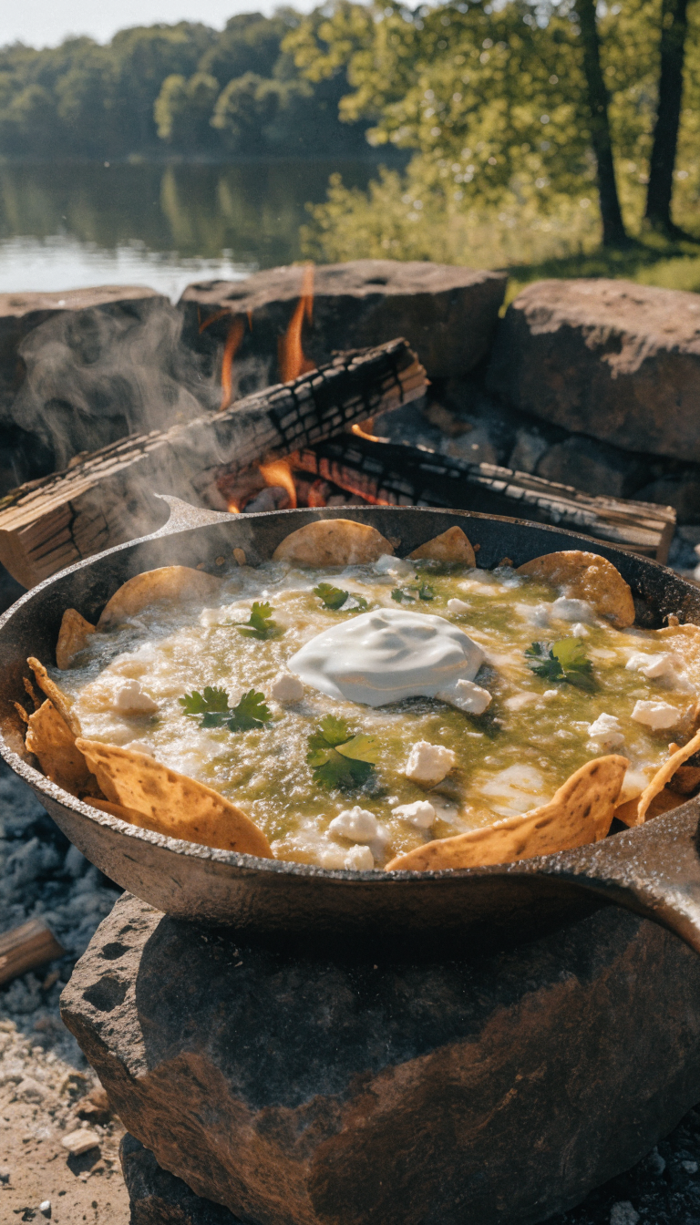 A rustic cast iron skillet over a campfire filled with golden crispy tortilla chips covered in vibrant green salsa verde and crumbled white queso fresco, with melted cheese bubbling at the edges, set against a natural outdoor camping background with morning sunlight filtering through trees, shallow depth of field focusing on the steaming chilaquiles, garnished with fresh cilantro leaves and a dollop of crema, photographed from a 45-degree angle showing both the food and camping setting