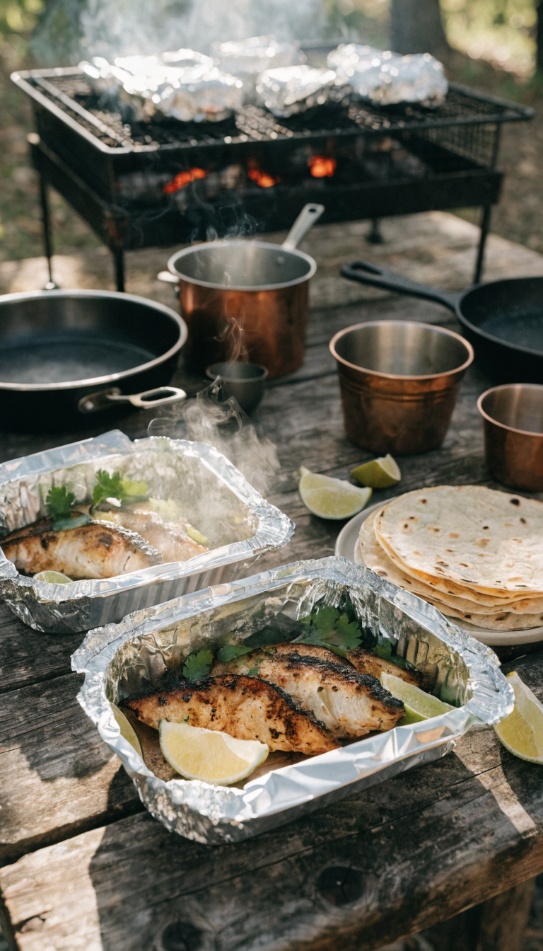 A rustic outdoor camping scene featuring freshly grilled fish tacos on a weathered wooden camp table, with aluminum foil packets opened to reveal flaky seasoned white fish with visible spices and lime juice, corn tortillas stacked beside them, surrounded by camping cookware, a portable grill with glowing coals in the background, fresh cilantro and lime wedges as garnish, dappled sunlight filtering through trees, shallow depth of field, food photography style, warm natural lighting, appetizing steam rising from the hot fish