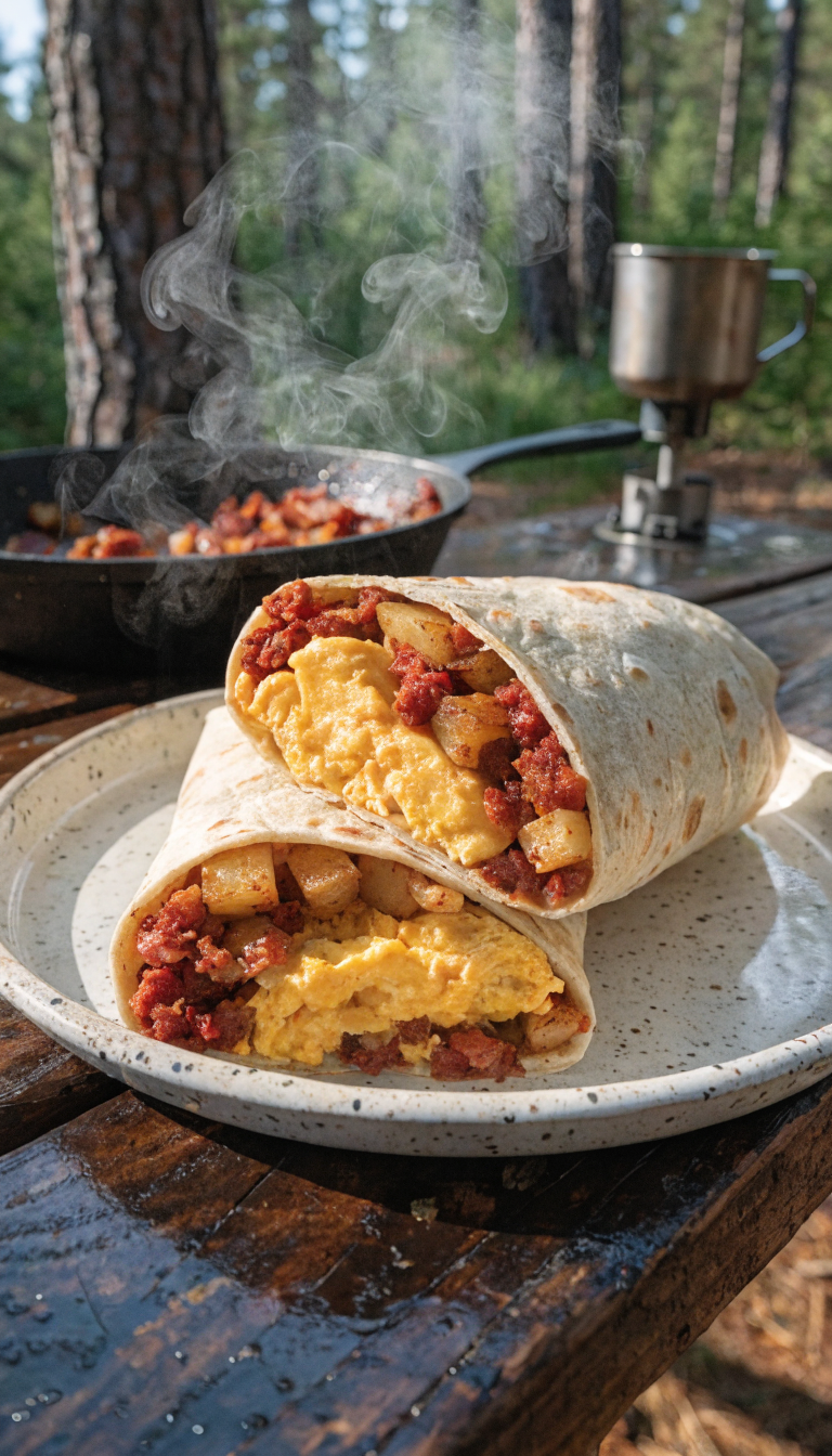 A rustic outdoor camping scene featuring a large flour tortilla burrito cut in half on a speckled enamel camping plate, revealing layers of golden scrambled eggs, crispy diced potatoes, crumbled spicy chorizo with its characteristic red color, all nestled together. The burrito sits on a weathered wooden picnic table at a campsite with a cast iron skillet visible in the background containing remnants of chorizo and potatoes. Morning sunlight filters through pine trees, creating dappled lighting on the scene. A camping stove and coffee mug are subtly placed in the background. The photo has a warm, inviting color palette with steam rising from the freshly made burrito, shot from a 45-degree angle to showcase both the exterior wrap and the hearty filling inside.
