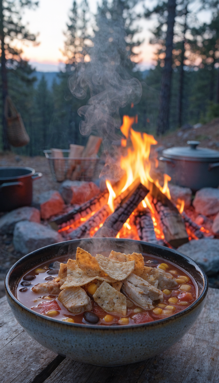 A steaming bowl of chicken tortilla soup sitting on a rustic wooden camp table beside a glowing campfire at dusk, with visible chunks of chicken, black beans, corn, and diced tomatoes in rich red broth, topped with crushed tortilla chips, the bowl releasing wisps of steam into the cool evening air, surrounded by camping gear and pine trees in the soft background, warm firelight casting an orange glow on the scene, shallow depth of field, professional food photography style