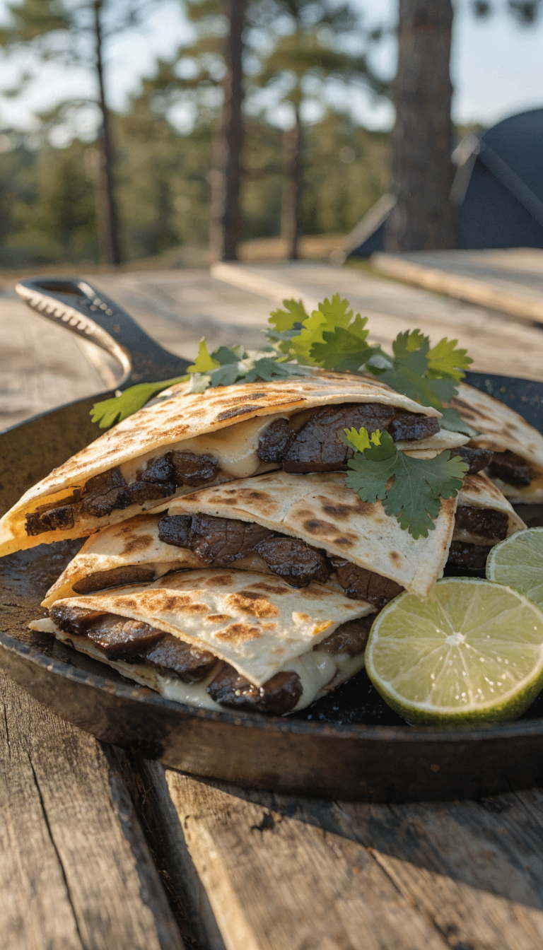 A high-quality photograph of golden-brown grilled quesadillas cut into triangles on a rustic cast iron skillet at a campsite, filled with charred sliced carne asada steak and melted cheese oozing from the edges, with fresh cilantro garnish, lime wedges on the side, placed on a weathered wooden camping table with pine trees and a tent softly blurred in the background during golden hour lighting