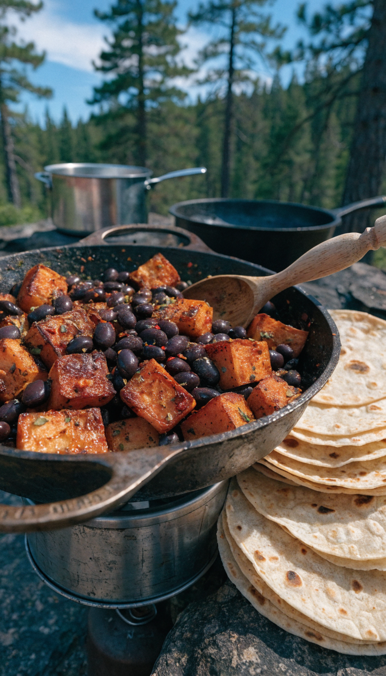 A rustic camping skillet filled with golden-brown roasted sweet potato cubes and black beans, seasoned with vibrant spices, sitting on a portable camp stove in an outdoor wilderness setting. Warm corn tortillas are stacked beside the skillet, with fresh camping cookware visible in the background. Natural daylight filters through pine trees, creating an authentic outdoor cooking atmosphere. The sweet potato cubes show slightly crispy, caramelized edges, and the black beans glisten with seasoning. A wooden camping spoon rests in the skillet, and the scene captures the hearty, colorful nature of vegetarian camping cuisine.