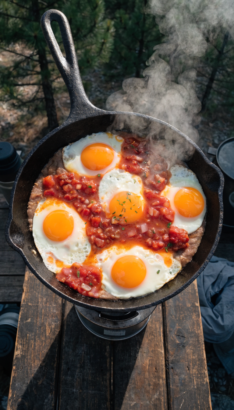 A rustic cast iron skillet over a camping stove containing huevos rancheros with fried eggs nestled in a bed of refried beans, topped with vibrant red salsa, placed on a wooden camp table in an outdoor setting with pine trees softly blurred in the background, natural morning light, overhead angle view, steam rising from the hot food, camping gear visible at the edges of the frame, professional food photography style