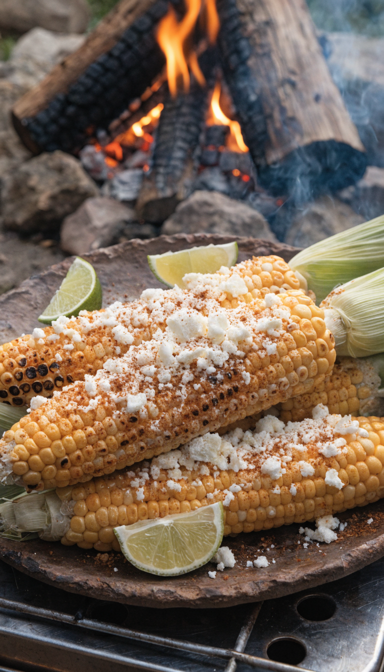 A mouthwatering close-up photo of grilled Mexican street corn (elote) being prepared at a campsite, showing golden corn on the cob with charred husks partially peeled back revealing tender kernels, flames and glowing campfire coals visible in the background, wisps of smoke rising, the corn glistening with butter and topped with crumbled cotija cheese, chili powder, and lime wedges on a rustic camping plate, natural outdoor lighting with warm firelight glow, shallow depth of field focusing on the detailed texture of the charred corn kernels and toppings