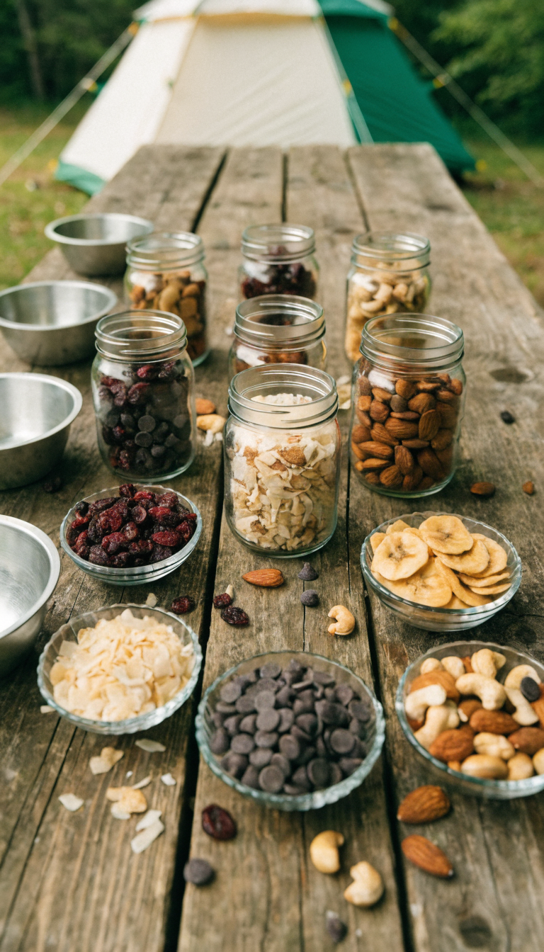 A overhead flat lay photograph of a rustic DIY trail mix bar spread out on a wooden camping table, featuring multiple glass mason jars and small bowls filled with colorful ingredients including roasted almonds, cashews, dried cranberries, dark chocolate chips, shredded coconut flakes, and banana chips, with a few empty camping bowls ready for mixing, natural outdoor lighting, shallow depth of field, camping tent blurred in the background, realistic food photography style