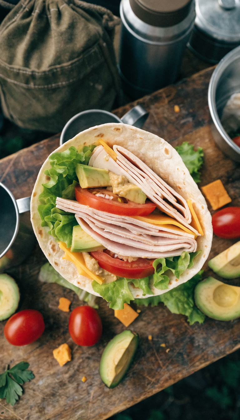 A high-quality overhead photograph of a freshly assembled loaded tortilla wrap on a rustic wooden camping table, with a large flour tortilla filled with colorful layers of sliced deli turkey, cheddar cheese, vibrant green lettuce, bright red tomato slices, creamy avocado, and hummus spread, partially rolled to show the generous filling inside, surrounded by scattered fresh ingredients and camping gear in soft natural outdoor lighting