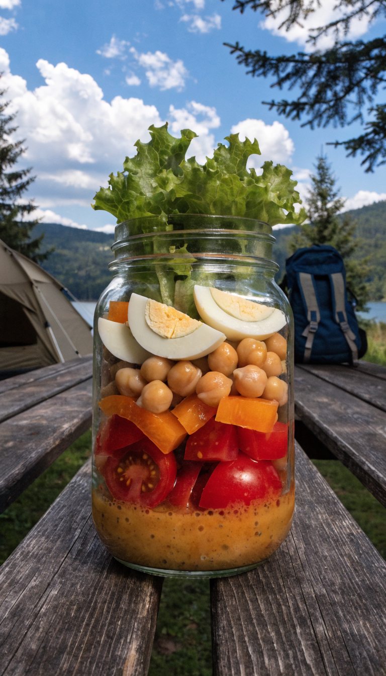 A high-quality overhead photograph of a clear glass mason jar filled with colorful layered salad on a wooden picnic table at a campsite, showing distinct layers from bottom to top: golden vinaigrette dressing at the base, bright red cherry tomatoes and orange bell pepper chunks in the middle layer, chickpeas and sliced hard-boiled eggs above that, and fresh green lettuce leaves at the top, with camping equipment like a tent and backpack softly blurred in the natural outdoor background, natural daylight, professional food photography style