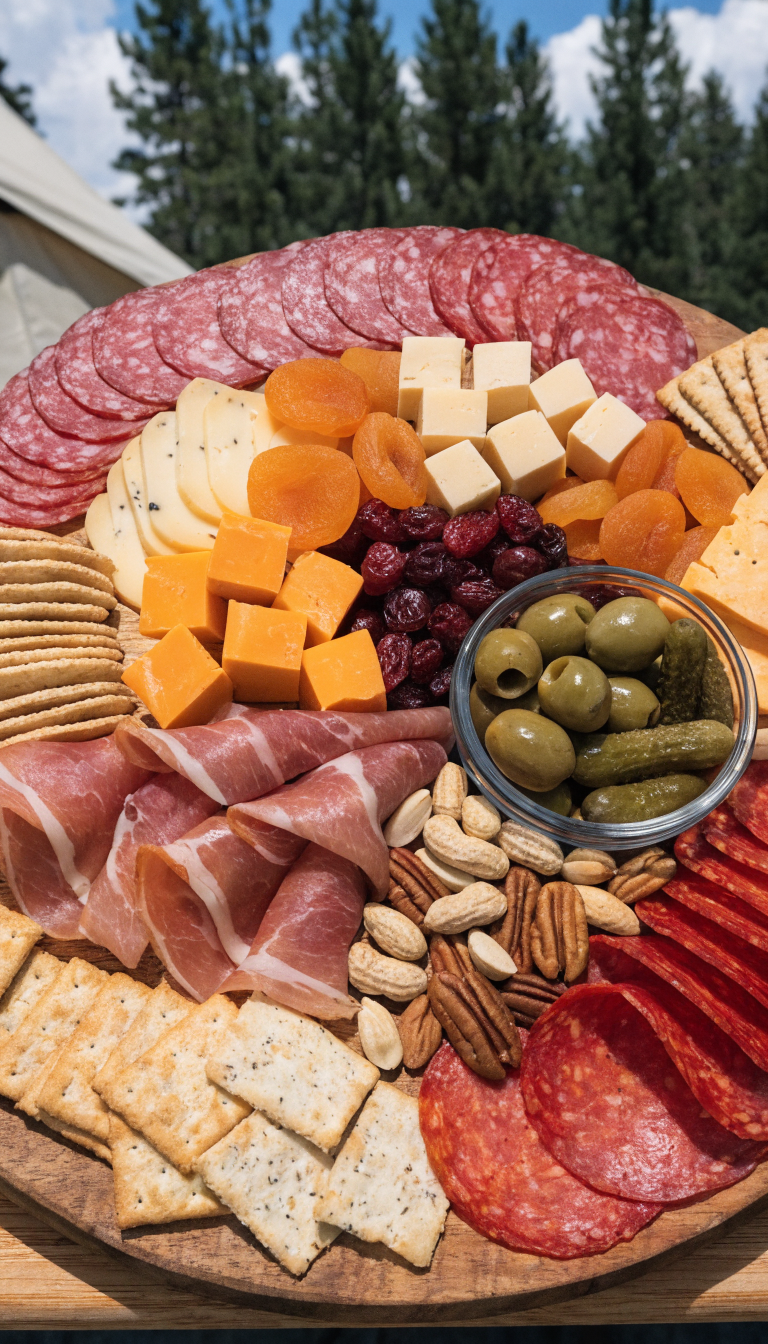 A rustic charcuterie board displayed on a wooden cutting board at a campsite, featuring an artful arrangement of sliced salami, pepperoni, and prosciutto, cubes of cheddar and gouda cheese, pepper jack slices, assorted crackers, mixed nuts, dried apricots and cranberries, green olives, and pickles in a small container, set on a camping table with blurred pine trees and a tent in the background, natural outdoor lighting, overhead view, professional food photography style