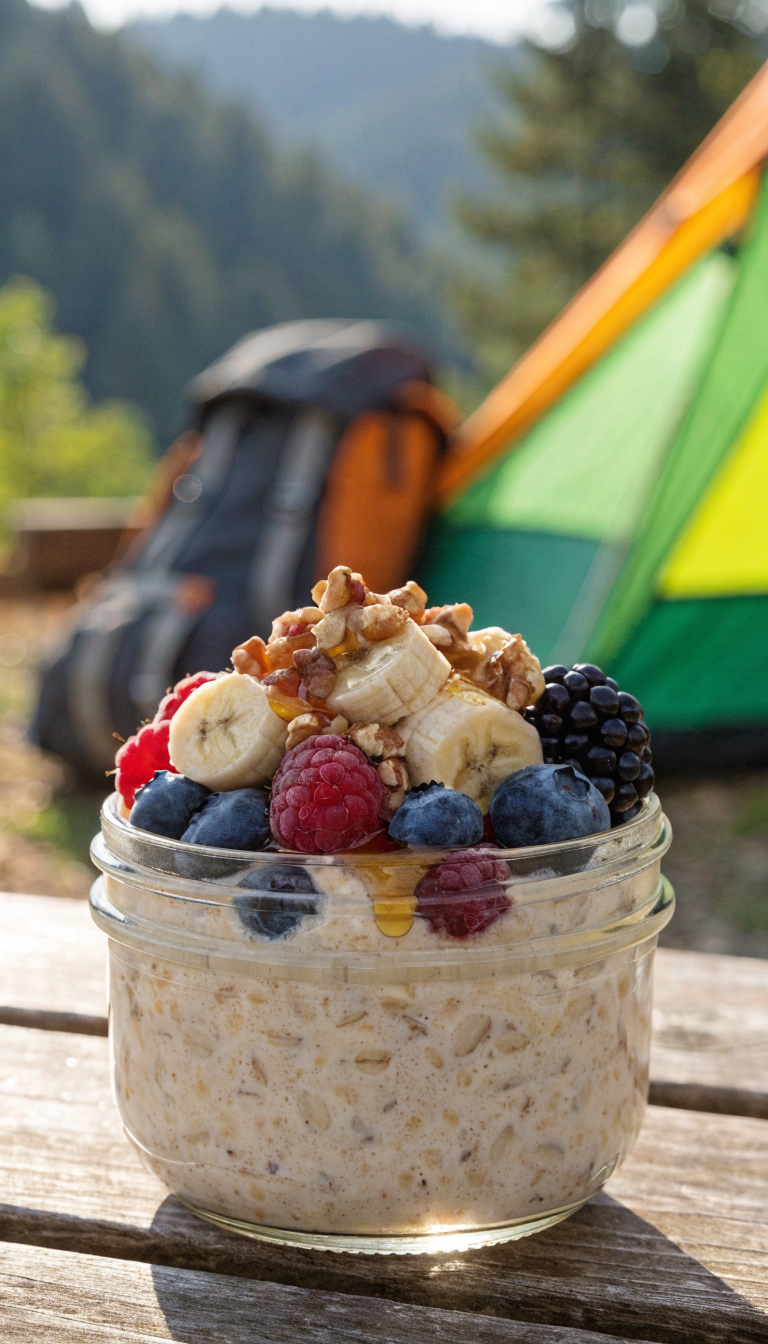 A rustic camping breakfast scene featuring a mason jar filled with creamy overnight oats topped with fresh berries, sliced bananas, nuts, and a drizzle of honey, sitting on a wooden picnic table at a campsite with a blurred tent and morning forest scenery in the background, natural morning sunlight illuminating the jar, outdoor camping equipment visible nearby, photographed in a realistic documentary style with shallow depth of field