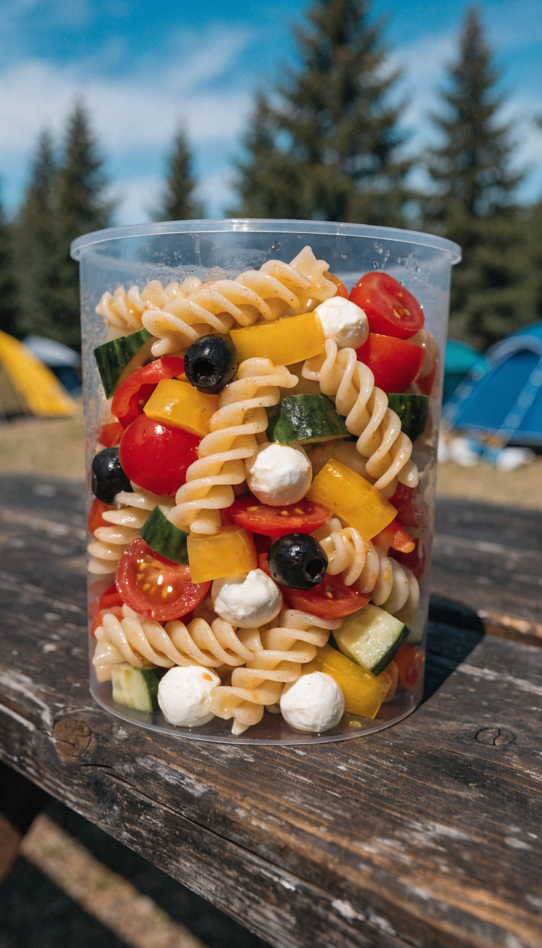 A vibrant pre-made pasta salad in a clear portable container at a rustic campsite, featuring colorful rotini pasta mixed with cherry tomatoes, diced cucumbers, red and yellow bell peppers, black olives, white mozzarella pearls, and sliced pepperoni, all glistening with Italian dressing, photographed from a 45-degree angle on a wooden picnic table with blurred camping gear and pine trees in the background, natural outdoor lighting, appetizing and fresh presentation