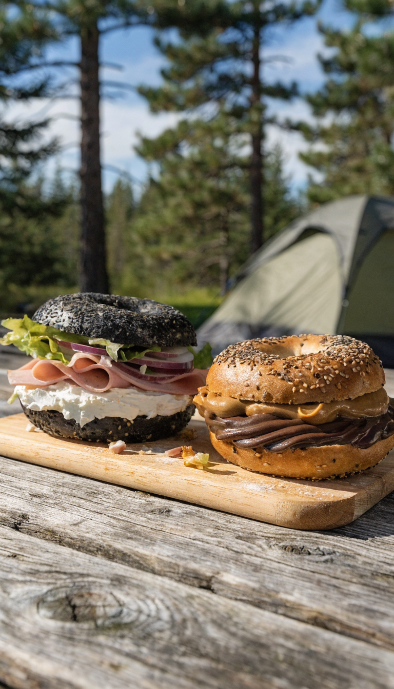 A rustic outdoor camping scene featuring two hearty bagel sandwiches on a wooden cutting board placed on a weathered picnic table, one bagel loaded with cream cheese and deli meat, the other with peanut butter and Nutella, both cut in half to show the generous fillings, with a camping tent and pine trees softly blurred in the background, natural morning sunlight, high-quality food photography style, appetizing and realistic presentation