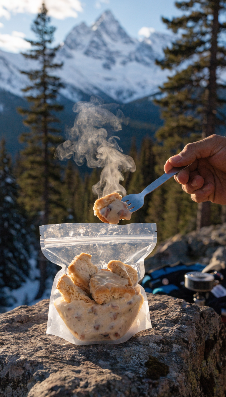 A realistic outdoor camping scene at high elevation showing a steaming pouch of biscuits and gravy dehydrated meal being eaten with a spork, featuring fluffy golden biscuits covered in creamy white sausage gravy, set on a rocky mountain outcrop with snow-capped peaks and pine trees visible in the blurred background during golden hour morning light, with camping gear and a small backpacking stove nearby