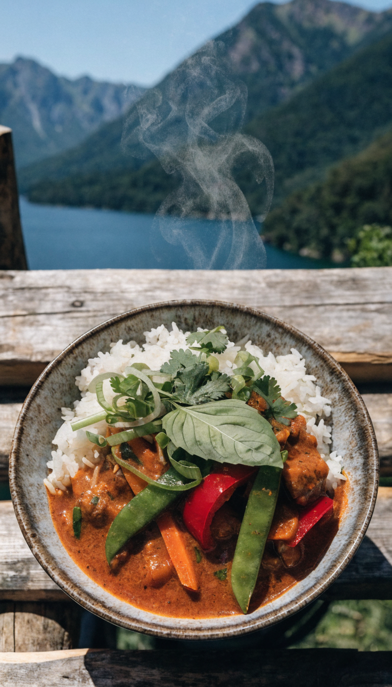 A high-quality overhead photograph of a steaming bowl of vibrant Thai curry with colorful organic vegetables including red bell peppers, snap peas, and carrots mixed with fluffy jasmine rice, garnished with fresh herbs, set on a rustic wooden camping table with mountain wilderness visible softly blurred in the background, natural daylight lighting, appetizing steam rising from the bowl, professional food photography style