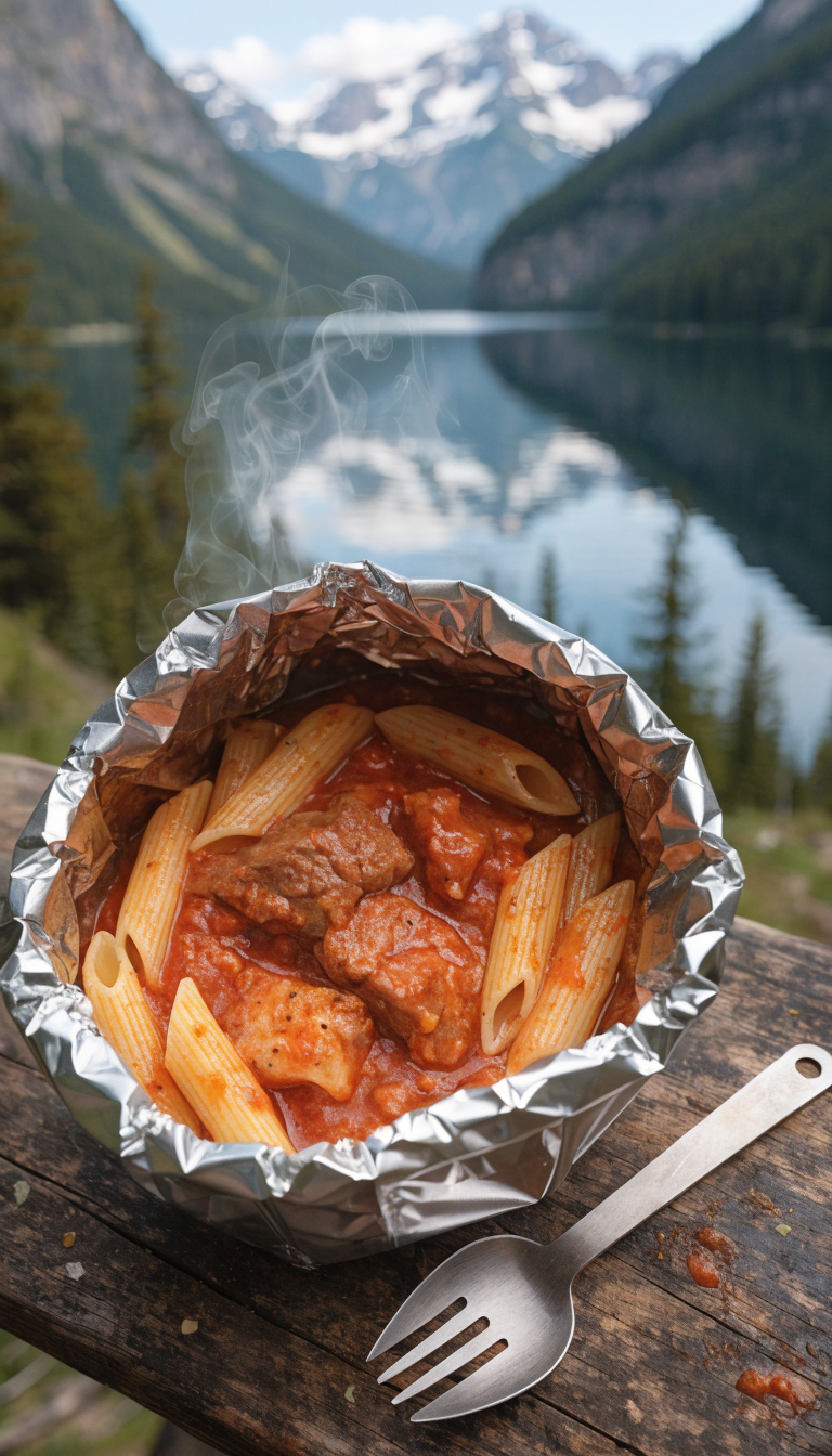 A high-quality overhead photograph of an open silver camping pouch filled with rehydrated beef pasta marinara, showing tender chunks of beef, penne pasta, and rich red marinara sauce steaming in mountain wilderness setting, with a titanium camping spork resting beside it, scattered on a weathered wooden trail map, soft natural daylight, shallow depth of field, appetizing food photography style
