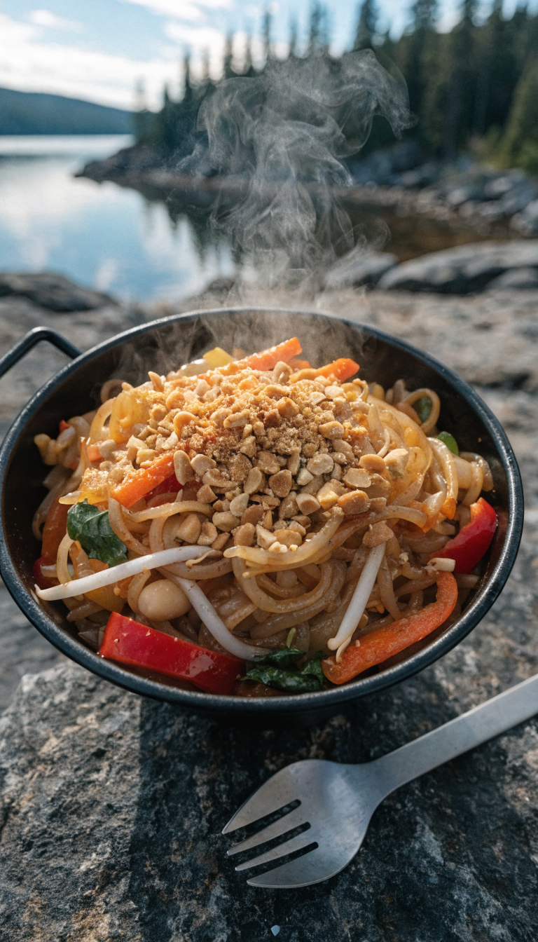 A high-quality overhead photograph of a dehydrated Pad Thai camping meal rehydrated in a camping bowl, featuring rice noodles mixed with colorful vegetables including carrots and peppers, garnished with crushed peanuts and a glossy tangy-sweet sauce, set on a rustic outdoor camping surface with a titanium spork beside it, natural daylight, shallow depth of field, appetizing steam rising from the hot meal, wilderness camping background slightly blurred