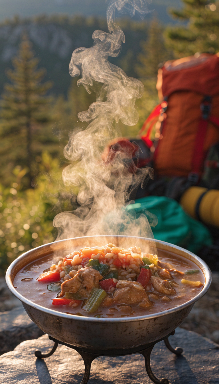 A steaming bowl of Louisiana-style chicken gumbo with visible chunks of chicken, rice, colorful vegetables including peppers and celery, in a rich dark roux-based broth, photographed in rustic camping cookware against a wilderness backdrop with hiking gear visible in soft focus, warm golden hour lighting creating an inviting comfort food atmosphere, professional food photography style with shallow depth of field emphasizing the hearty texture and appetizing steam rising from the meal