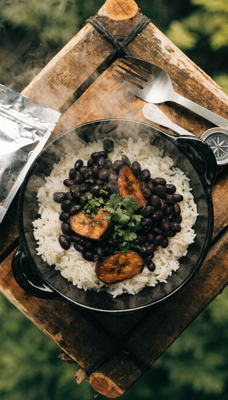 A high-quality overhead photograph of a steaming bowl of Cuban rice bowl camping meal on a rustic wooden camping table in a backcountry setting, featuring colorful black beans, white rice, golden caramelized plantain slices, and vibrant green herbs, with a silvery dehydrated meal pouch beside it, warm natural outdoor lighting, shallow depth of field, surrounded by subtle camping gear elements like a titanium spork and compass, adventure food styling photography, appetizing and fresh-looking rehydrated meal.