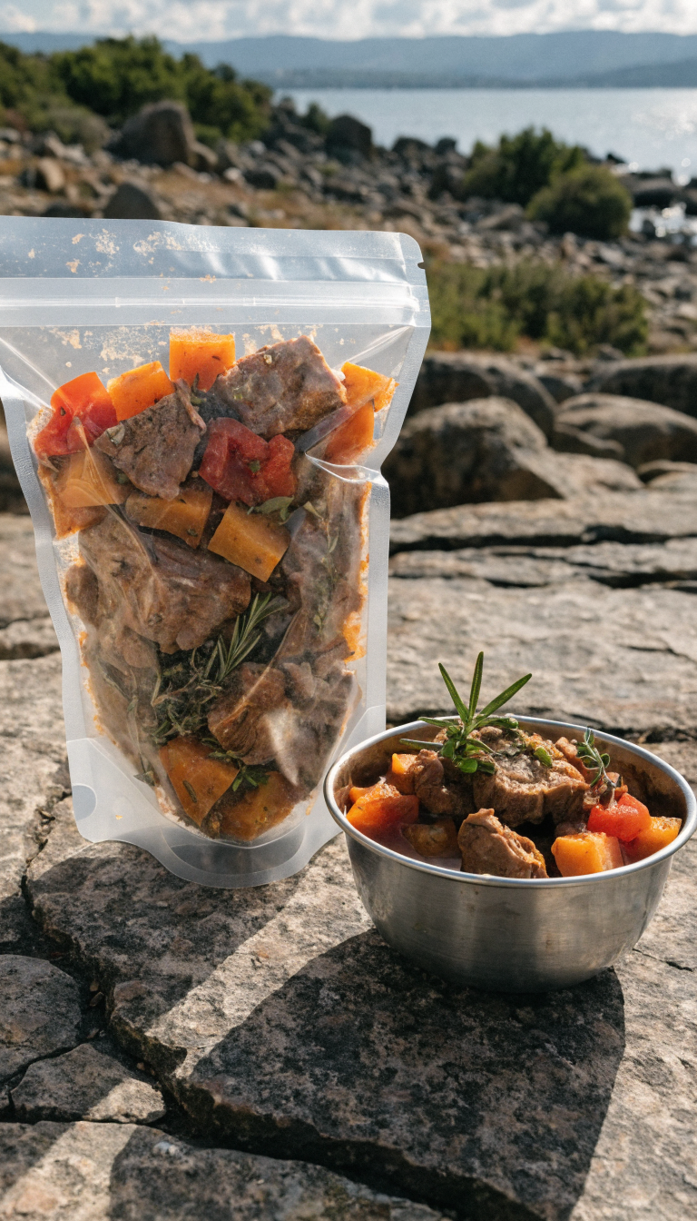 A high-quality product photograph of an open pouch of dehydrated Mediterranean lamb stew with tender chunks of grass-fed lamb, sweet potato pieces, diced tomatoes, and visible herbs like rosemary and thyme, with rehydrated stew in a camping bowl beside it showing the rich, hearty texture and Mediterranean-style ingredients, set against a rustic outdoor wilderness background with natural lighting