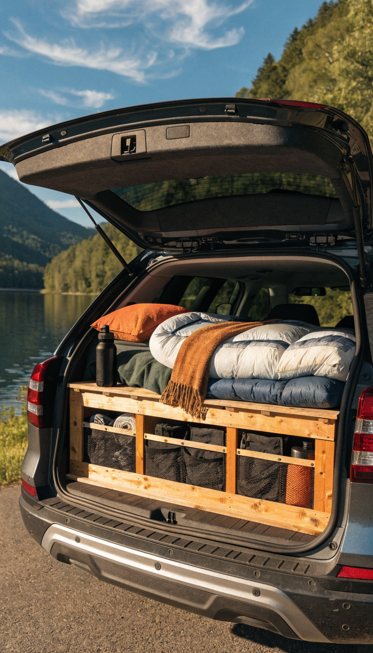 A high-quality photograph of a custom wooden sleeping platform installed in the rear cargo area of an SUV, showing a level plywood surface elevated above the storage space, with camping gear neatly organized in compartments underneath, cozy bedding and sleeping bag on top of the platform, rear hatch open revealing the setup, natural outdoor camping environment visible in the background, warm afternoon lighting, realistic detail showing the DIY construction with 2x4 supports and plywood decking.