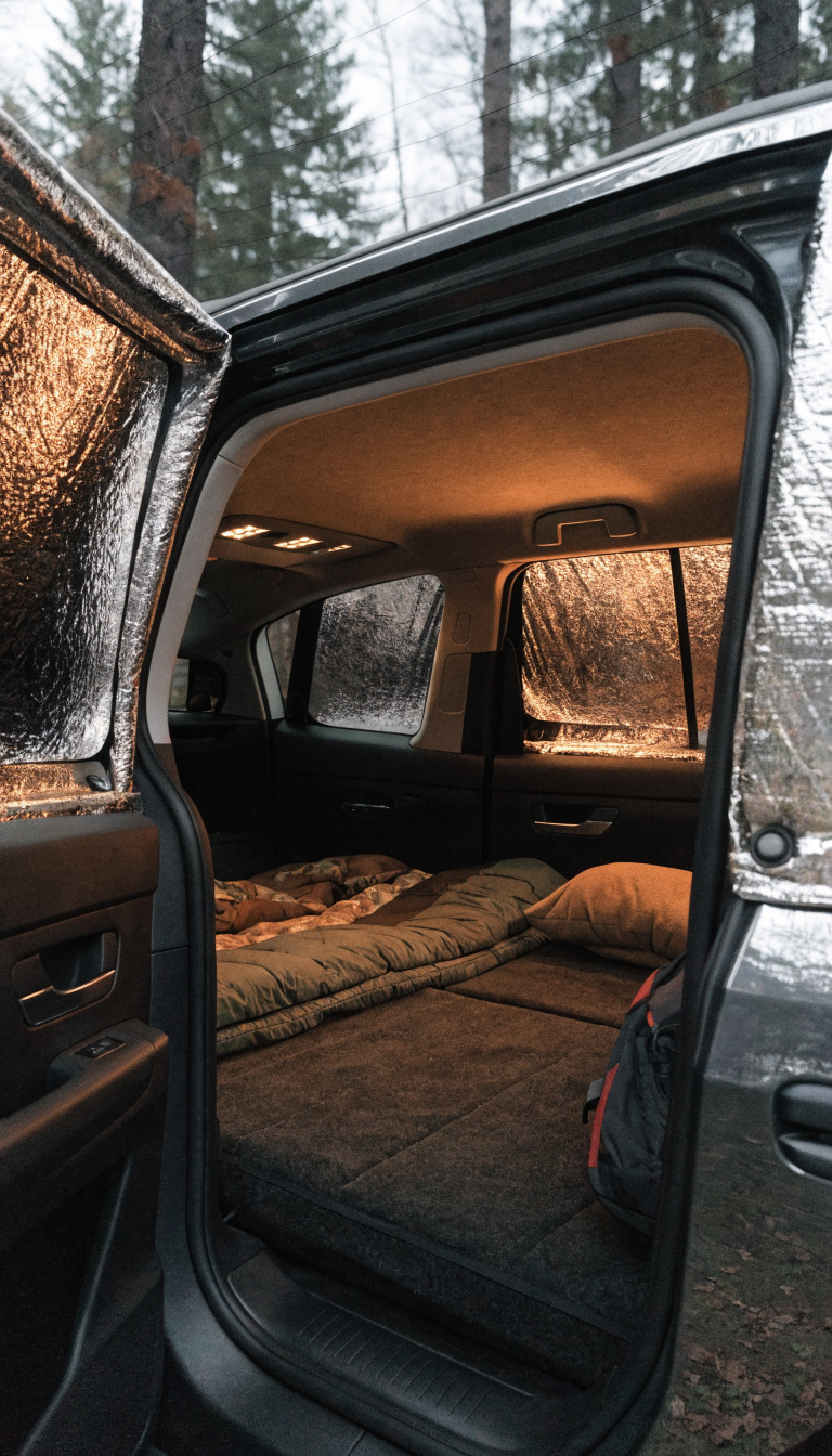 A realistic photo taken from inside an SUV showing custom-fitted reflective silver window covers installed on all windows, creating a cozy private interior space. The metallic Reflectix-style insulation material fits snugly against the window frames, blocking external light while a warm ambient glow illuminates the carpeted cargo area. The photo shows both magnetic window covers and DIY reflective insulation panels from an interior perspective, with the SUV's back seats folded down and part of a camping setup visible, demonstrating complete privacy and light blocking in a modern SUV during car camping.