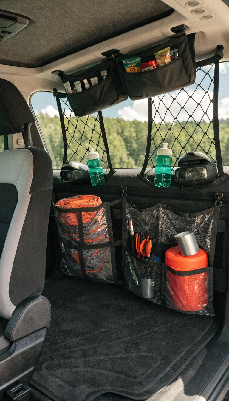 A realistic interior photograph of an SUV cargo area featuring multiple hanging organizational systems, including a shoe organizer attached to the back of a front seat filled with camping supplies, cargo nets hanging from ceiling grab handles holding headlamps and water bottles, and overhead storage pouches suspended from the roof containing toiletries and snacks, all shot from inside the vehicle looking toward the organized hanging storage against the windows, natural daylight streaming through, showcasing vertical space optimization in a modern SUV camping setup