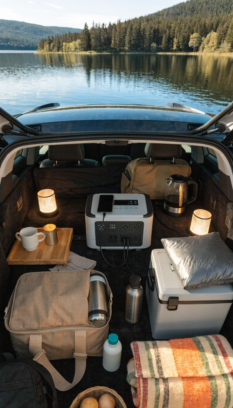 A realistic overhead view of an open SUV cargo area configured as a cozy camping setup, featuring a modern portable power station as the centerpiece with multiple devices plugged in including a phone charger, small electric kettle for coffee, LED camping lights, and a 12V portable refrigerator, surrounded by neatly organized camping gear, a folding solar panel visible in the corner, warm ambient lighting from the connected LED strips, natural daylight streaming in through the open hatchback showing a scenic outdoor camping location in the background, professional product photography style with sharp focus and vibrant colors