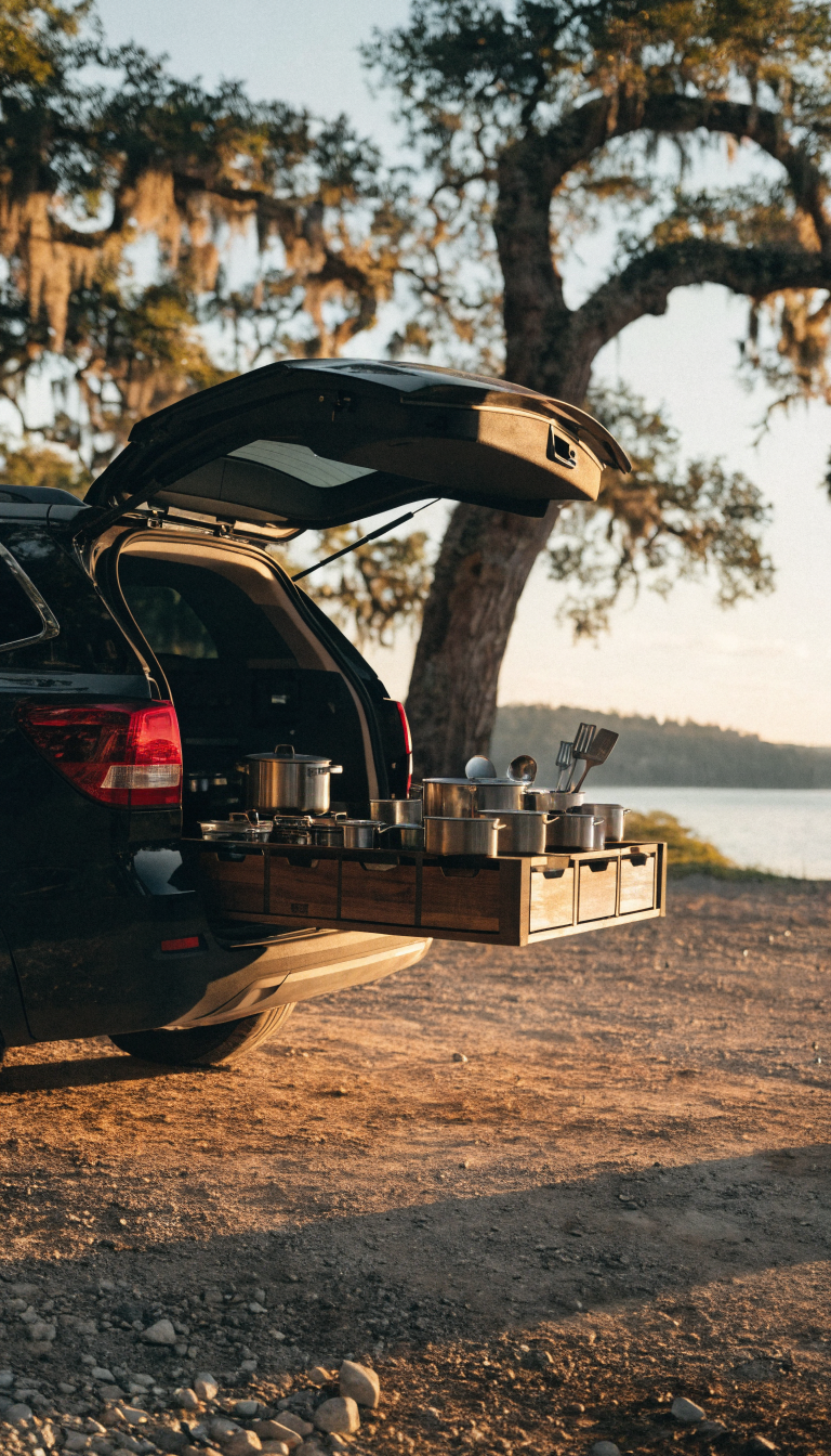 A high-quality photograph of an SUV's open cargo area with a custom slide-out kitchen box extended from the back, featuring an organized portable camping kitchen setup with a compact camping stove, neatly arranged utensils in holders, small spice containers, cooking pots and pans, all contained within a wooden or sturdy plastic drawer-style organizer that pulls out from the vehicle's trunk, shot during golden hour at a scenic campsite with trees in the background, realistic outdoor lighting, professional photography style, shallow depth of field focusing on the organized kitchen setup