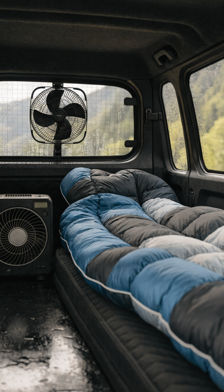 A realistic photo inside an SUV converted for camping showing climate control setup, with a battery-powered portable fan mounted on the rear window, slightly cracked windows with mesh bug screens installed, a compact portable air conditioning unit in the cargo area, and a high-quality cold-weather sleeping bag laid out on a camping mattress, early morning condensation visible on windows, soft natural lighting filtering through, cozy organized camping interior setup
