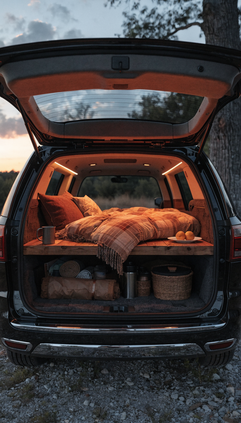 A cozy SUV interior at dusk transformed into a comfortable base camp, featuring warm amber LED strip lights running along the ceiling edges and under a wooden sleeping platform, creating a soft ambient glow throughout the vehicle space. The back hatch is open revealing a twilight camping scene outside, while inside the SUV showcases the inviting atmosphere created by the dimmable lighting system. The warm-toned lights cast a gentle orange glow on camping gear and bedding, contrasting with the deepening blue hour outside. Shot from outside looking into the vehicle to show both the lighting setup and the camping environment, professional automotive photography style, high detail, realistic lighting.