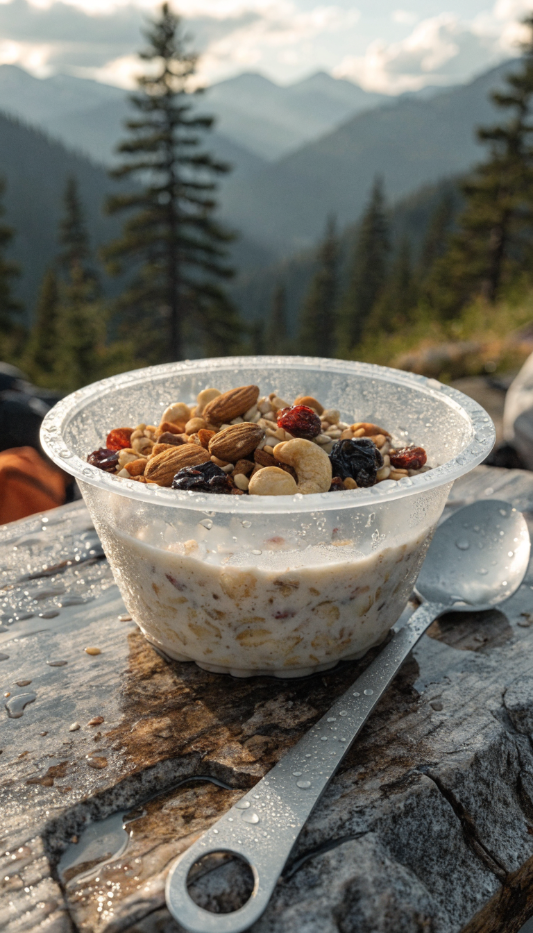 A high-quality outdoor photograph of a rustic camping bowl filled with overnight oats topped with nuts, dried fruits, and seeds, sitting on a weathered wooden surface with a titanium camping spoon beside it. The bowl is placed on a granite rock or camping table in a backcountry setting with a blurred mountain landscape and pine trees in the soft morning light. Condensation visible on the container suggests freshly prepared breakfast. Natural lighting creates an appetizing, authentic backcountry camping atmosphere with hiking gear subtly visible in the background.