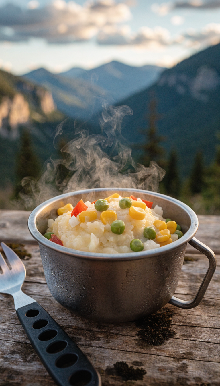 A high-quality outdoor camping photo showing a steaming titanium camp bowl filled with creamy mashed potatoes mixed with colorful dehydrated vegetables including corn, peas, and red bell peppers, sitting on a rustic wooden camping table with a wilderness mountain landscape blurred in the background during golden hour, a camping spork resting beside the bowl, condensation rising from the hot meal, natural lighting, shot from a 45-degree angle, photorealistic style