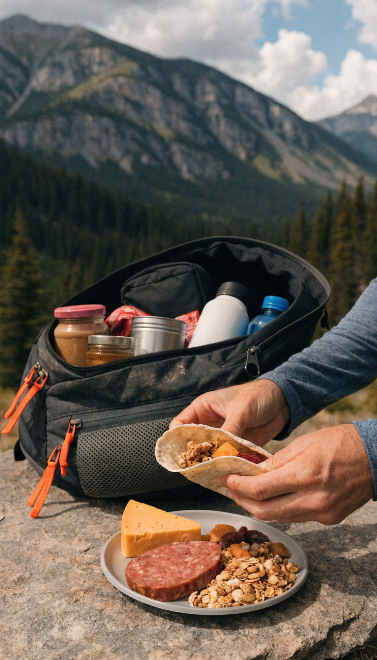 A realistic outdoor photography shot of a hiker's hands assembling a tortilla wrap on a flat rock at a mountain campsite, with an open backpack nearby displaying various wrap fillings including peanut butter jar, honey, summer sausage, cheese, and granola scattered on a lightweight camping plate, surrounded by scenic backcountry wilderness with mountains in soft focus in the background, natural daylight, adventure lifestyle photography style