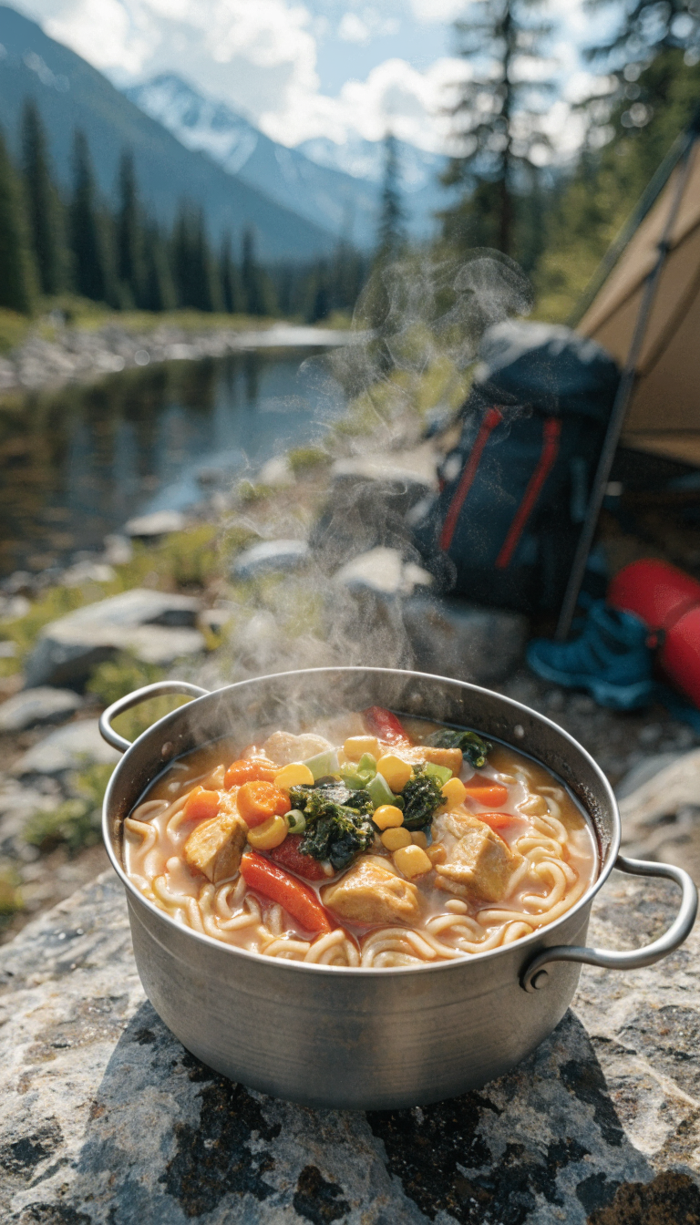 A realistic high-quality photograph of an upgraded backcountry camping ramen meal in a titanium camping pot, featuring steaming noodles mixed with colorful freeze-dried vegetables, chunks of protein, green onions, and a rich miso broth, shot from a 45-degree angle with a wilderness campsite setting in soft natural lighting, shallow depth of field with hiking gear and mountain scenery subtly blurred in the background, warm steam rising from the bowl creating an appetizing outdoor adventure meal atmosphere
