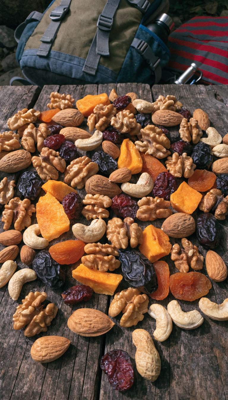 A high-quality overhead photograph of an artisan trail mix spread out on a rustic wooden surface in a backcountry camping setting, showing distinct sections of mixed nuts including almonds, cashews, peanuts, and walnuts (making up the largest portion), alongside colorful dried fruits like cranberries, mango chunks, apricots, and dates, with a weathered hiking backpack and camping gear slightly blurred in the background, natural outdoor lighting, shallow depth of field focusing on the vibrant textures and colors of the trail mix ingredients, professional food photography style