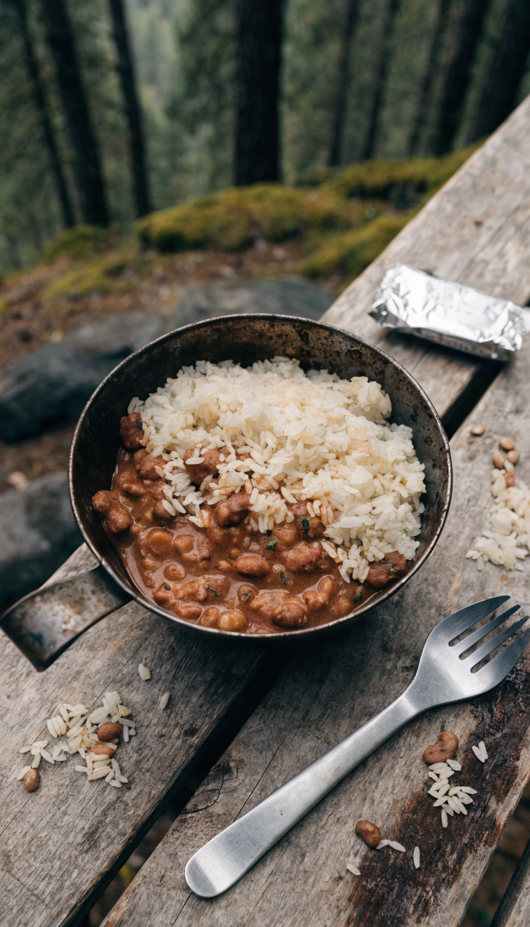 A high-quality overhead photograph of a rustic metal camping bowl filled with a hearty mixture of fluffy white instant rice and creamy refried beans on a weathered wooden camp table, with a titanium camping spork resting beside it, scattered dried bean flakes and rice grains on the surface, a small foil packet of seasoning nearby, and soft natural outdoor lighting suggesting a wilderness camping setting with blurred pine forest in the background.