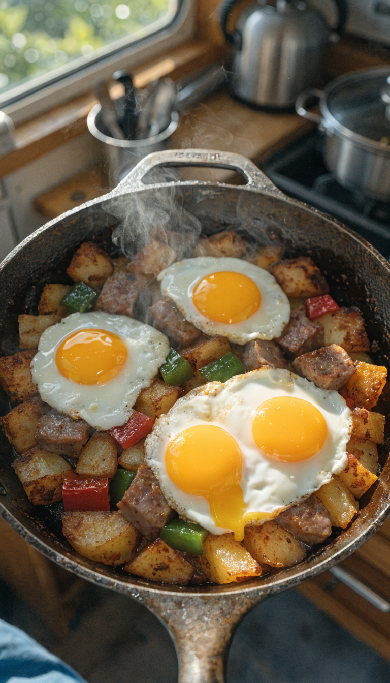 A high-quality overhead photograph of a rustic cast iron skillet filled with a sizzling breakfast hash, featuring golden-brown crispy diced potatoes, chunks of browned breakfast sausage, colorful diced bell peppers in red and green, and perfectly cooked eggs with runny yolks nestled on top, all set on a portable camping table inside a travel trailer kitchen with morning sunlight streaming through the window, wooden countertops and camping cookware visible in the background, steam rising from the hot food, shallow depth of field with the skillet in sharp focus.
