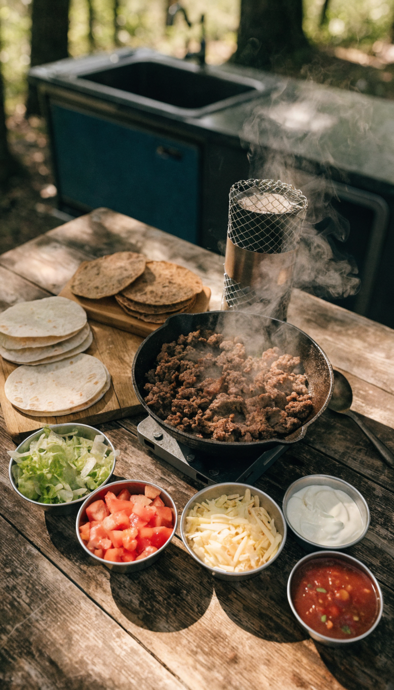 A vibrant overhead shot of a rustic camping taco bar setup on a wooden picnic table at a campsite, featuring sizzling seasoned ground beef in a cast iron skillet over a portable camping stove, colorful fresh toppings arranged in small metal camping bowls including diced tomatoes, shredded lettuce, cheese, sour cream, and salsa, warm flour and corn tortillas stacked on a wooden board, with a trailer camping kitchen visible softly blurred in the background, natural outdoor lighting with dappled sunlight filtering through trees, creating an inviting and appetizing scene with steam rising from the hot skillet