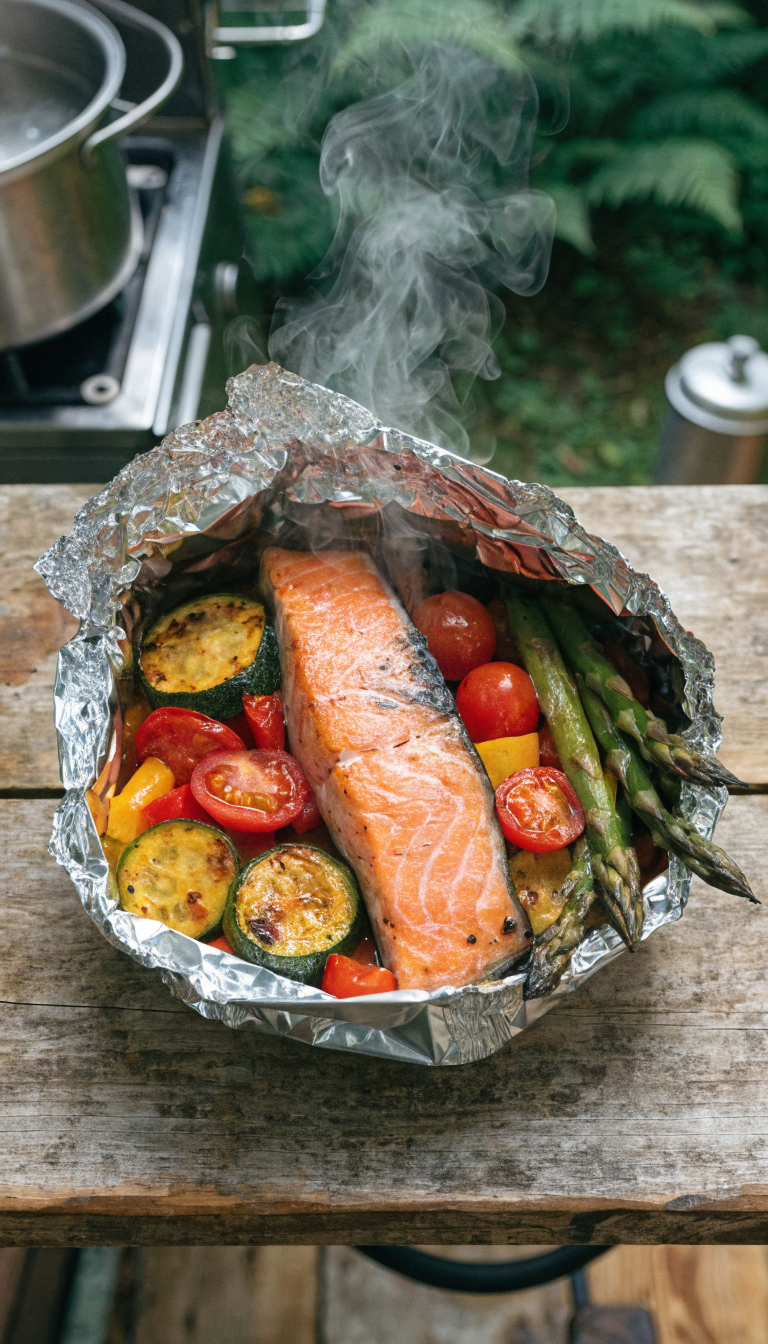 A high-quality overhead photograph of an opened aluminum foil packet on a rustic wooden camping table, revealing a perfectly cooked pink salmon fillet surrounded by colorful roasted vegetables including sliced zucchini, cherry tomatoes, bell peppers, and asparagus spears, with visible steam rising from the hot food, natural outdoor lighting, with blurred camping trailer kitchen elements in the background, professional food photography style, shallow depth of field
