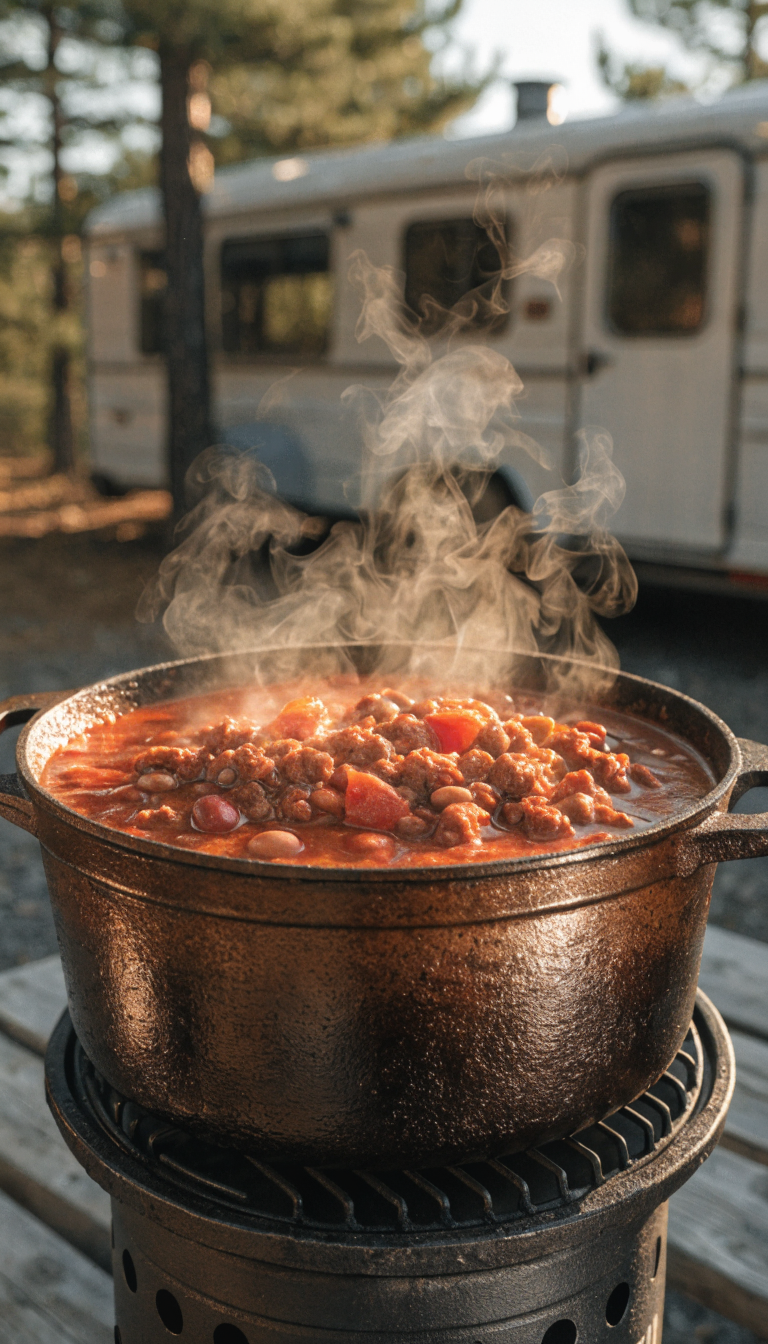 A rustic cast iron Dutch oven filled with bubbling, rich red chili sitting on a camping stove at a trailer campsite, with visible chunks of ground meat, beans, and diced tomatoes in a thick, hearty sauce, steam rising from the pot, warm evening light, shallow depth of field focusing on the pot's contents, camping trailer slightly blurred in the background, natural outdoor setting with pine trees visible, professional food photography style, realistic and appetizing presentation