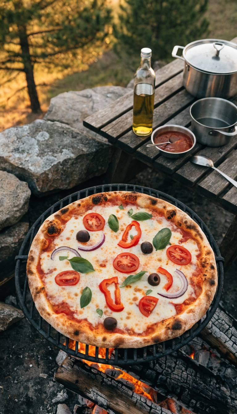 A high-quality overhead photograph of a rustic homemade pizza cooking on a black cast iron campfire grate over glowing orange coals, the pizza crust showing beautiful char marks and golden-brown bubbling, topped with melted mozzarella, fresh basil, and colorful vegetables, with camping cookware and a bottle of olive oil visible on a weathered wooden picnic table beside the campfire, warm sunset lighting filtering through pine trees in the background, shallow depth of field, outdoor camping kitchen setting