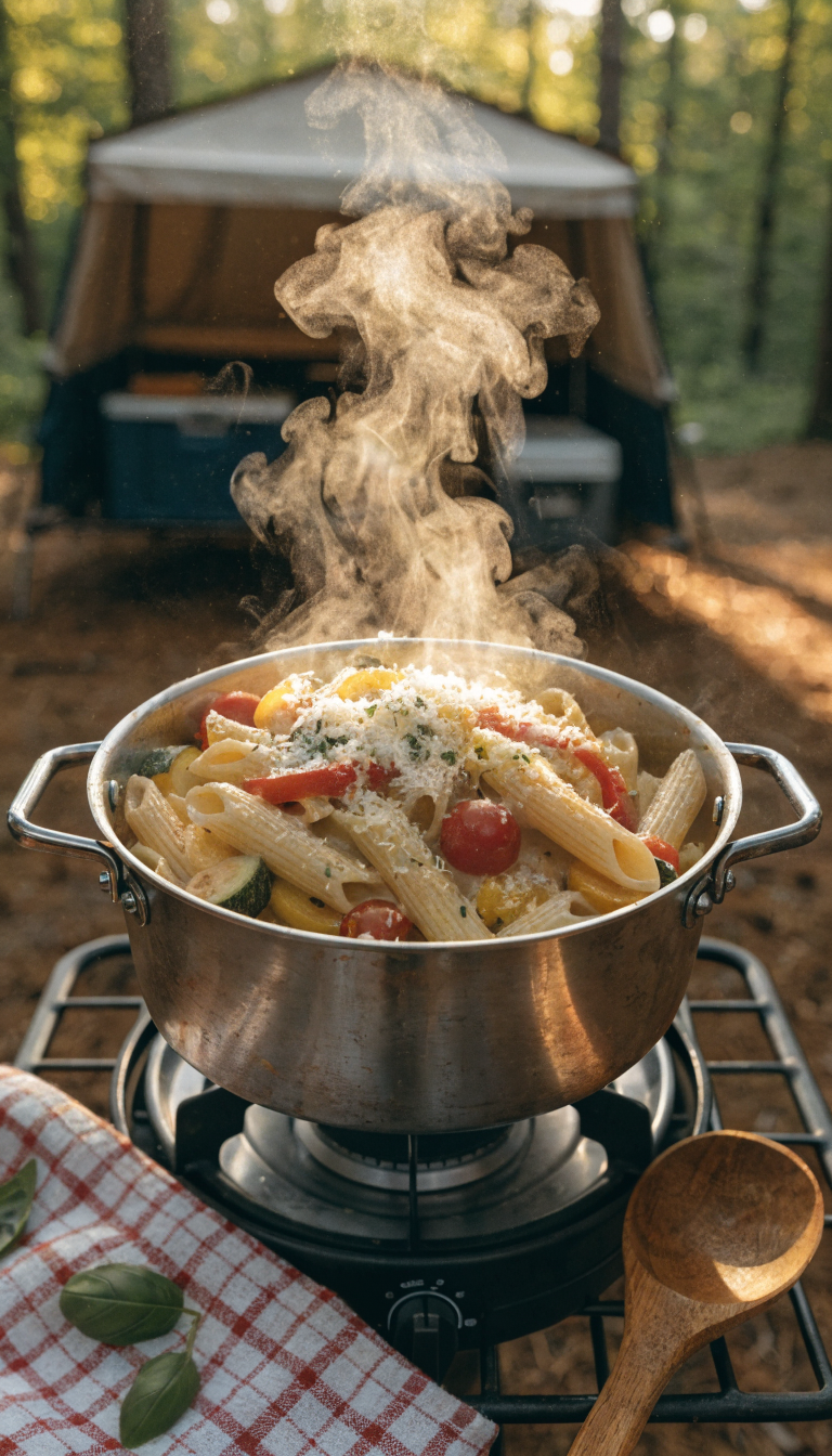A high-quality overhead photograph of a steaming one-pot pasta primavera dish in a large camping pot on a portable campsite stove, featuring colorful fresh vegetables including bright red bell peppers, green zucchini, yellow squash, and cherry tomatoes mixed with penne pasta in a light creamy sauce, steam rising from the pot, surrounded by camping kitchen essentials like a wooden spoon, fresh basil leaves, and a checkered kitchen towel, with a trailer camping setup blurred in the background during golden hour lighting