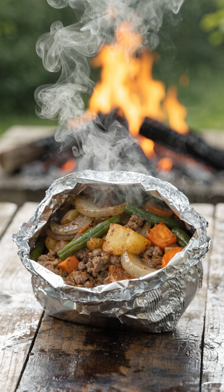 A rustic campfire scene showing an opened aluminum foil packet revealing seasoned ground beef mixed with golden diced potatoes, sliced onions, and colorful vegetables like carrots and green beans, steam rising from the hot food, placed on a weathered wooden camping table with flames from a campfire glowing softly in the blurred background, natural outdoor lighting, appetizing and hearty meal presentation, shallow depth of field, professional food photography style