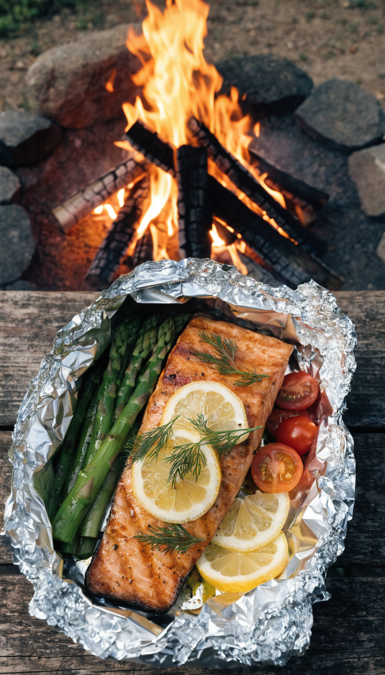 A overhead view of an opened aluminum foil packet on a wooden camping table revealing a perfectly cooked salmon fillet with grill marks, topped with fresh lemon slices and sprigs of dill, accompanied by bright green asparagus spears and halved cherry tomatoes, all glistening with olive oil and herbs, with warm campfire light in the background creating an appetizing glow