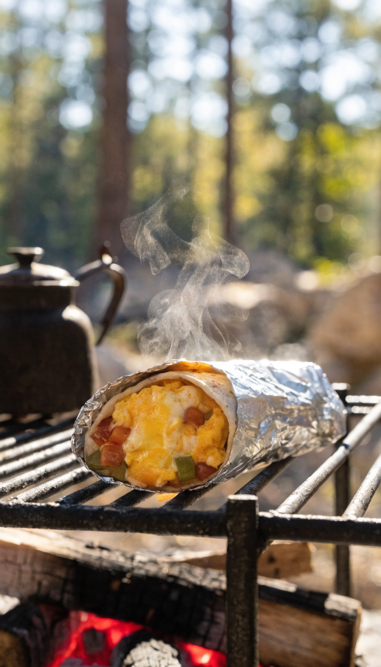 A mouth-watering breakfast burrito wrapped in aluminum foil placed on a campfire grate over glowing red coals, with the foil partially opened at the top revealing melted cheese, scrambled eggs, and colorful salsa inside. Morning sunlight filters through trees in the background, casting a warm glow on a rustic camping scene with a coffee pot nearby. The burrito has a slightly crispy, golden tortilla exterior, and wisps of steam rise from the hot filling. Sharp focus on the burrito with shallow depth of field, professional food photography style, natural outdoor lighting.
