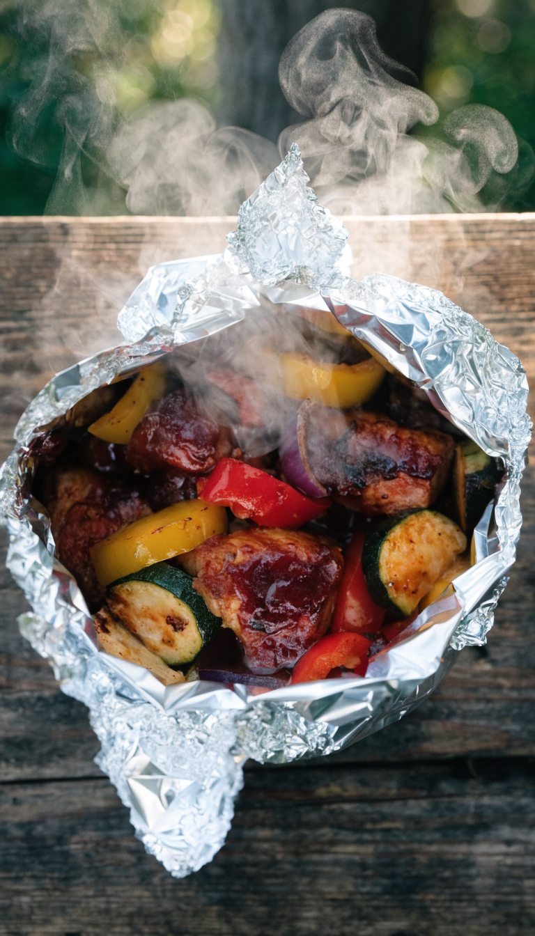 A realistic overhead photograph of an opened aluminum foil packet on a rustic wooden camping table, revealing tender chunks of BBQ-glazed chicken pieces glistening with dark red barbecue sauce, alongside colorful chunks of red and yellow bell peppers, sliced zucchini rounds, and charred red onion pieces, all steaming hot with caramelized edges and grill marks, natural outdoor lighting, shallow depth of field, appetizing food photography style