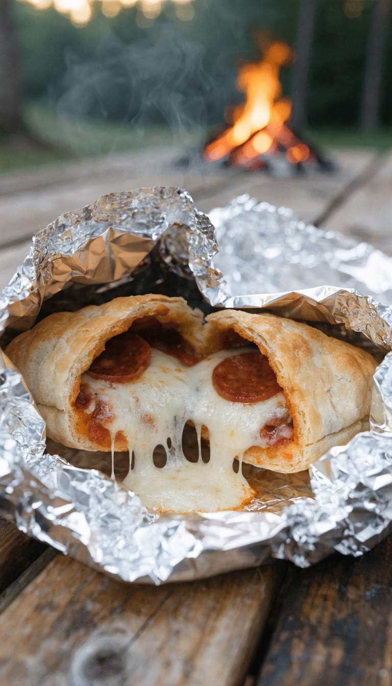 A close-up photograph of a freshly opened foil-wrapped pizza pocket at a campsite, with golden-brown biscuit dough split open revealing melted mozzarella cheese stretching between the halves, pepperoni slices and pizza sauce visible inside, surrounded by crinkled aluminum foil, with a campfire blurred in the background and rustic wooden picnic table surface beneath, warm evening lighting, appetizing steam rising from the hot pocket, outdoor camping atmosphere