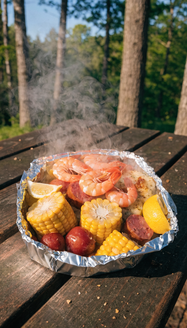 A rustic outdoor camping scene featuring an open aluminum foil packet on a wooden picnic table revealing a colorful shrimp boil with bright pink cooked shrimp, golden corn on the cob rounds, small red potatoes, sliced smoked sausage, lemon wedges, and melted butter with visible herbs and Old Bay seasoning, steam rising from the hot food, natural forest background slightly blurred, warm golden hour lighting, shot from a 45-degree angle, professional food photography style with shallow depth of field
