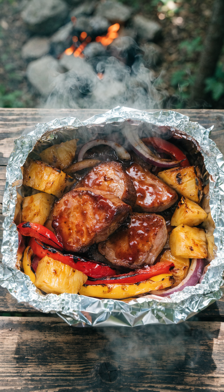 A high-quality overhead photograph of an open aluminum foil packet revealing teriyaki-glazed pork tenderloin medallions with caramelized edges, surrounded by grilled pineapple chunks, colorful red and yellow bell pepper strips, and charred red onion slices, all glistening with teriyaki sauce, placed on a rustic wooden camping table with a campfire softly blurred in the background, natural outdoor lighting, appetizing steam rising from the hot food